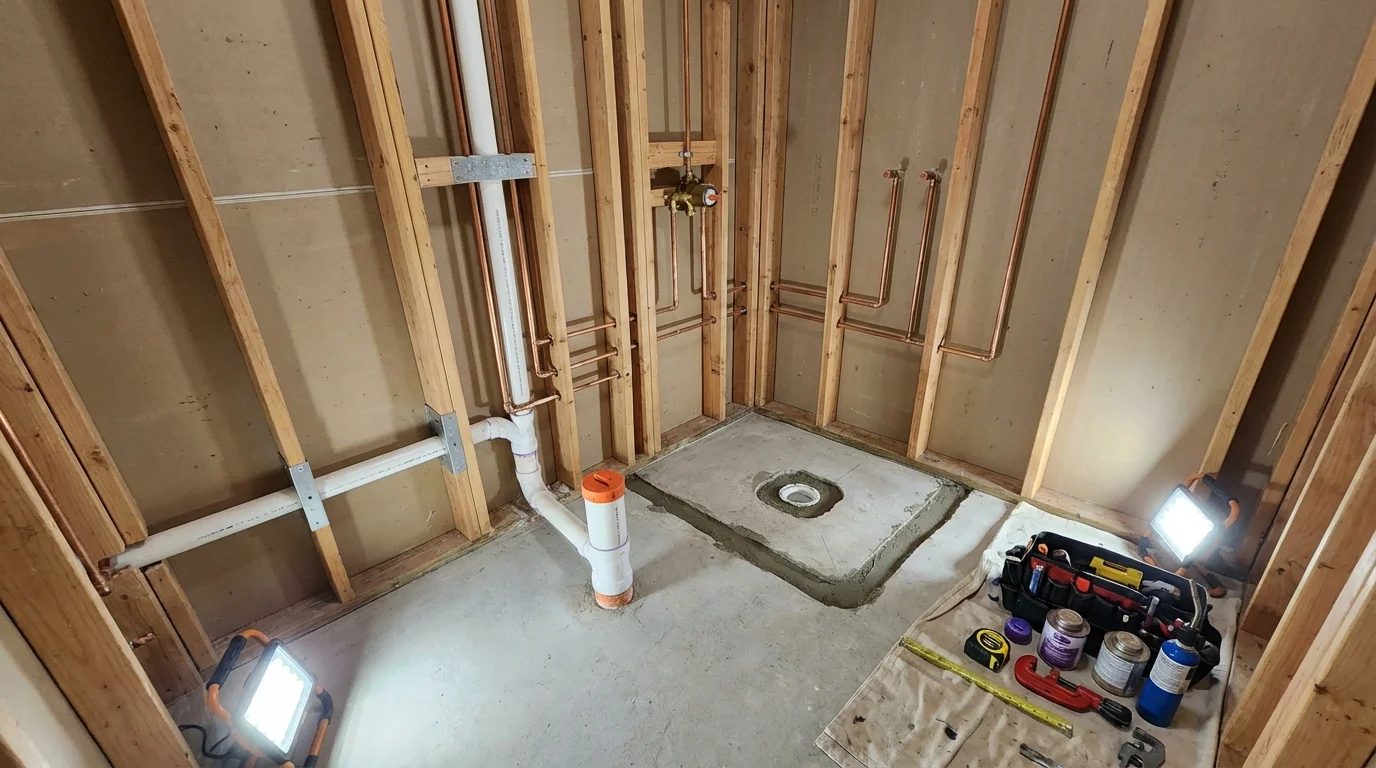 Bathroom rough-in plumbing during remodel by Johns Plumbing LLC in Weehawken