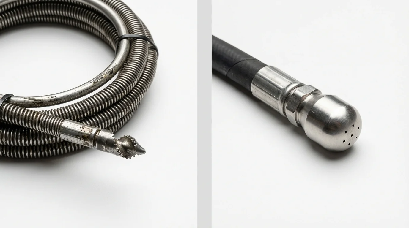 Drain snake cable and hydro jetting nozzle used for drain cleaning in Weehawken, NJ