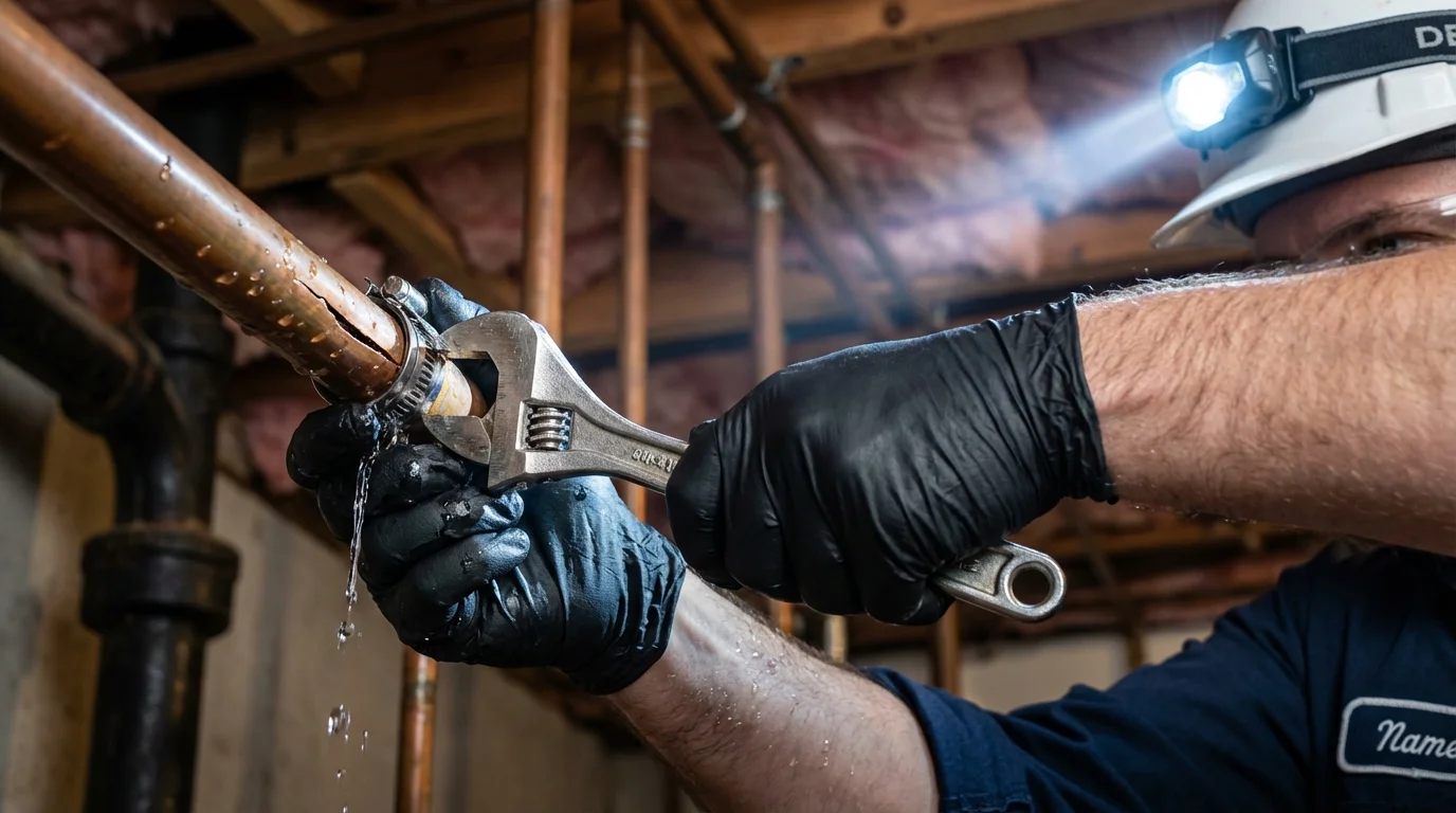 Emergency pipe clamp repair being performed by a Johns Plumbing LLC plumber in Weehawken
