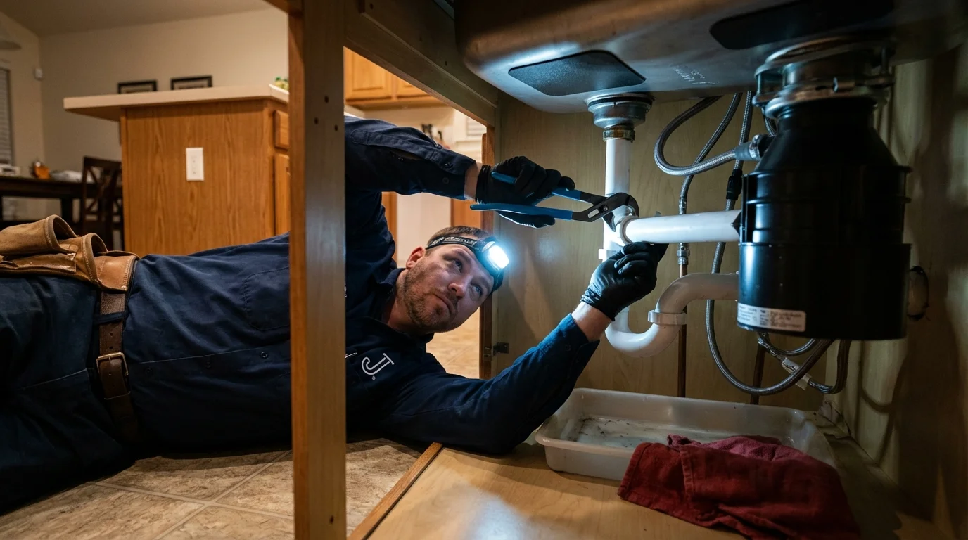 P-trap and supply line connections under a kitchen sink showing a common leak point in Weehawken, NJ